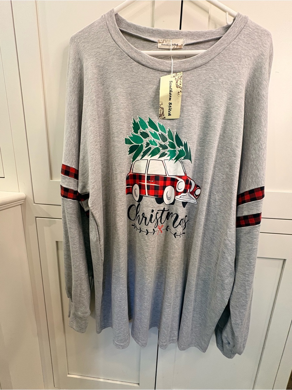 Grey Christmas Tree Truck Graphic Long Sleeve Tee